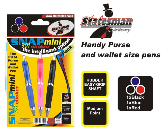 Pens Snap Mini Purse Ballpoint 3 Pack ** Buy 1 Get 1 FREE **