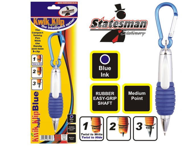 Pens Kwik Klip Twist Ballpoint Medium Blue  ** Buy 1 Get 1 FREE **