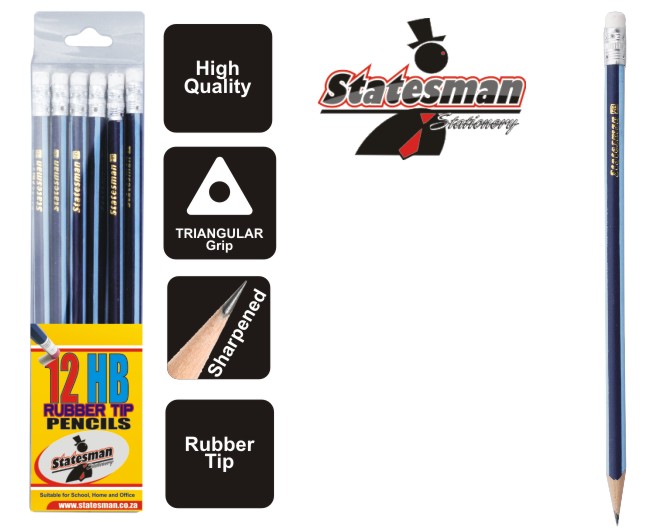 Statesman Triangular HB Pencils With Rubber Tips 12's - Ideal For Back To School