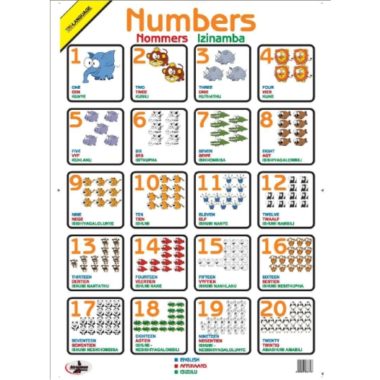Educational Tri-Lang Wall Chart Numbers 1-20 (English, Afrikaans and Zulu) ? Dry & Wipe A1 Size (Laminated)