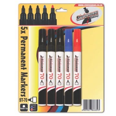 Statesman Bullet Point Permanent Markers - 5 Pack ( 3-Black, 1-Red, 1-Green) - Special Offer !!!