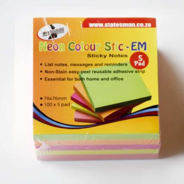 Statesman 75x75 Neon Sticky Notes 5 Pack