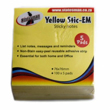 Statesman 75x75 Yellow Sticky Notes 5 Pack
