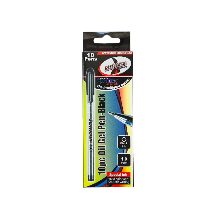 Statesman Oil Gel Pens 10 Pack Black 1.0